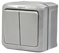 Legrand Quteo Выключатель 2 кл. полугерм. проходной (IP-44) серый